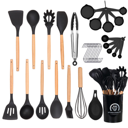 33-Piece Wooden-Handled Silicone Kitchen Utensil Set